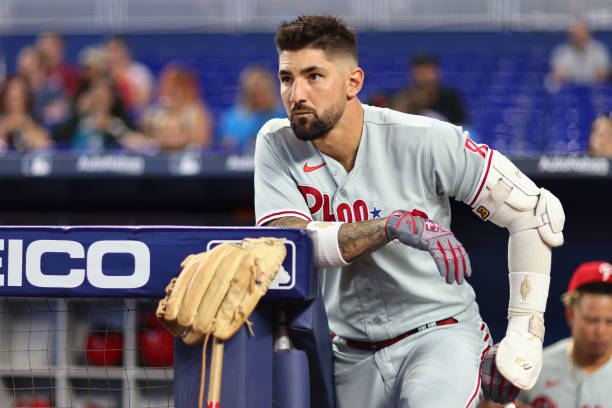 Nick Castellanos of the Philadelphia Phillies looks on prior to the game against the Miami Marlins at loanDepot park on July 15, 2022 in Miami,...