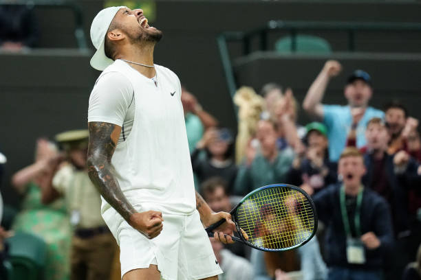 Nick Kyrgios of Australia celebrates the victory in the Men's Singles Third Round Match against Stefanos Tsitsipas of Greece during day six of The...