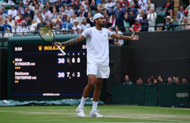 Nick Kyrgios of Australia reacts during their Men's Singles Third Round match against Stefanos Tsitsipas of Greece on day six of The Championships...