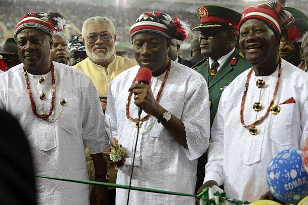 Nigerian President Goodluck Jonathan Ghanaian President John Mahama former Ghanaian President Jerry Rawlings and Ivorian President Alassane Ouattara...