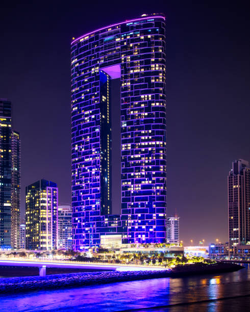 Night view of the Address Beach resort located on JBR in Dubai Marina
