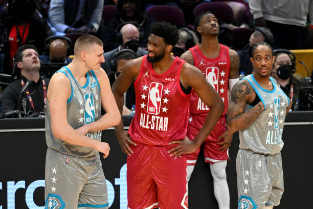 Nikola Jokic of Team LeBron and Joel Embiid of Team Durant talk during the 2022 NBA All-Star Game at Rocket Mortgage Fieldhouse on February 20, 2022...