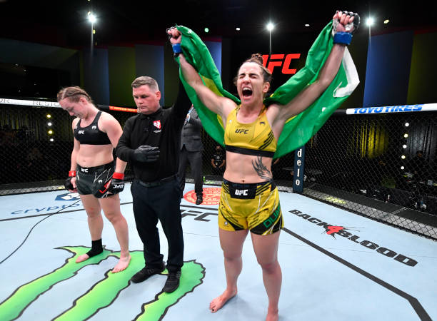 Norma Dumont of Brazil reacts after her victory over Aspen Ladd in a featherweight fight during the UFC Fight Night event at UFC APEX on October 16,...