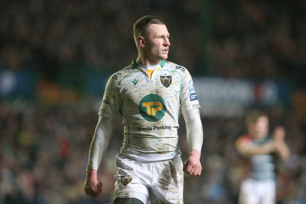 LEICESTER, ENGLAND - FEBRUARY 11: Northampton Saints' Fraser Dingwall during the Gallagher Premiership Rugby match between Leicester Tigers and Northampton Saints at Mattioli Woods Welford Road Stadium on February 11, 2022 in Leicester, England. (Photo by Stephen White - CameraSport via Getty Images)