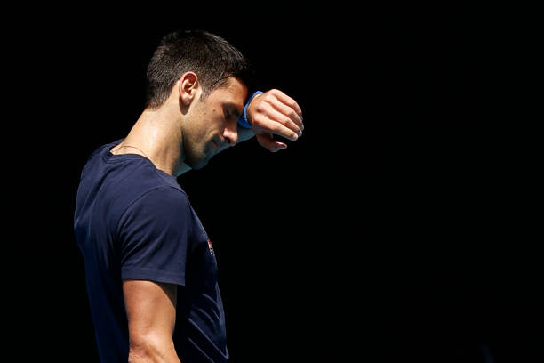 Novak Djokovic of Serbia is seen during a practice session ahead of the 2022 Australian Open at Melbourne Park on January 12, 2022 in Melbourne,...