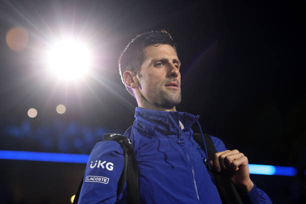 Novak Djokovic of Serbia walks out prior to his singles against Andrey Rublev of Russia on Day Four of the Nitto ATP World Tour Finals at Pala...