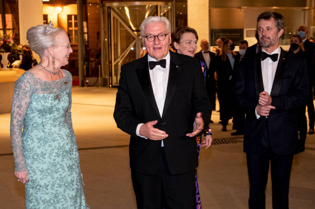 November 2021, Berlin: Queen Margrethe II of Denmark , Federal President Frank-Walter Steinmeier , and Crown Prince Frederik attend a reception at...