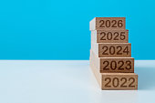 Number 2022 to 2026 on wooden block staircase