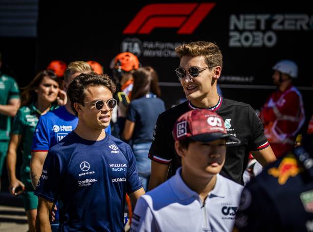 Nyck de Vries and George Russell ahead of the F1 Grand Prix of Italy at the Circuit de Monza in Monza, Italy. REMKO DE WAAL