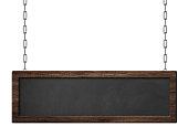 Oblong blackboard with dark wooden frame hanging on chains