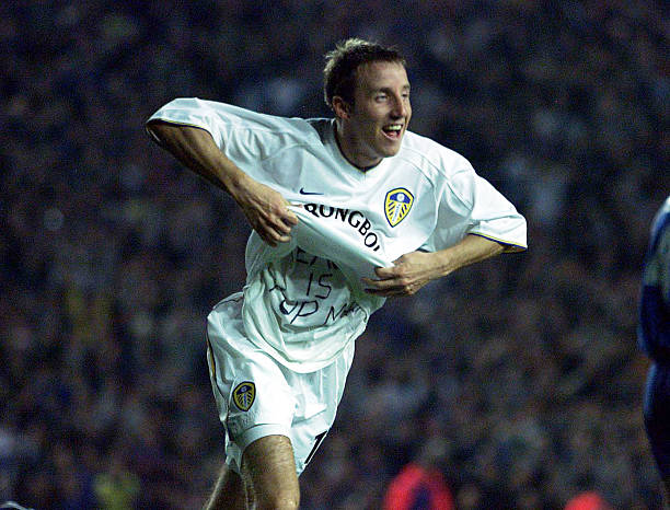 Lee Bowyer of Leeds celebrates after scoring the fourth goal during the Leeds United v Troyes UEFA Cup second round, First leg match at Elland Road,...