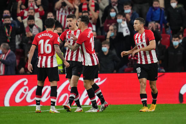 Ohian Sancet of Athletic Club celebrates his goal with his teammates during the La Liga match between Athletic Club and Real Madrid played at San...