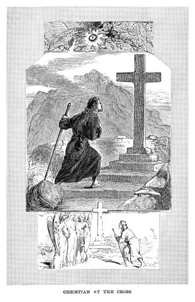 Old engraved illustration of Christian at the Cross