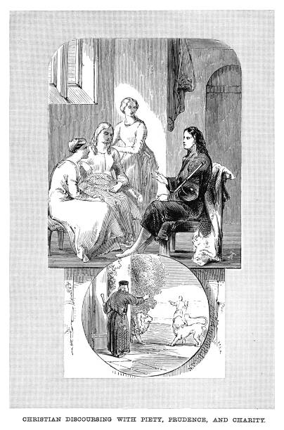 Old engraved illustration of Christian discoursing with piety, prudence and charity