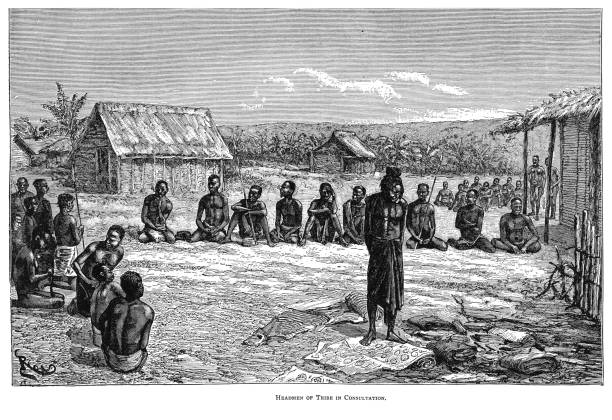 Old Engraving illustration of Germinal Government Illustrated. Headmen of Tribe in Consultation