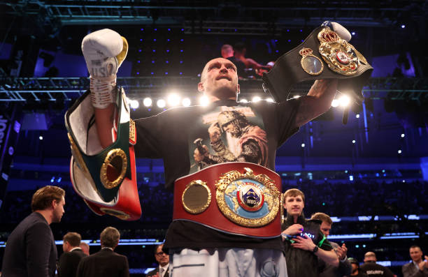 Oleksandr Usyk celebrates after being crowned the new World Champion following the Heavyweight Title Fight between Anthony Joshua and Oleksandr Usyk...