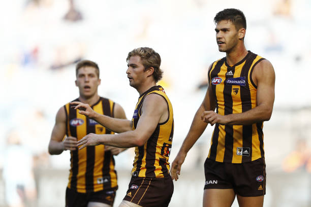 Oliver Hanrahan of the Hawks celebrates a goal with Emerson Jeka of the Hawks during the 2021 AFL Round 08 match between the Hawthorn Hawks and the...