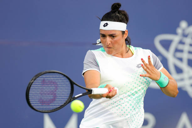 Ons Jabeur of Tunisia returns a shot against Madison Keys during the Mubadala Silicon Valley Classic, part of the Hologic WTA Tour, at Spartan Tennis...
