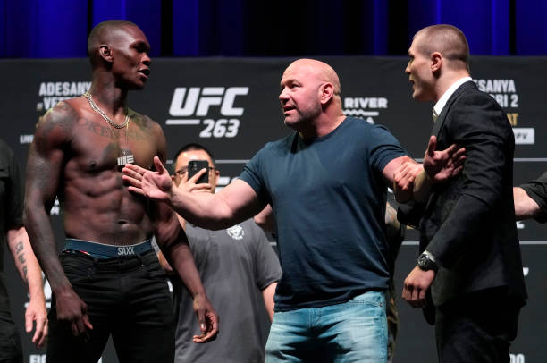 Opponents Israel Adesanya of Nigeria and Marvin Vettori of Italy face off during the UFC 263 press conference at Arizona Federal Theater on June 10,...