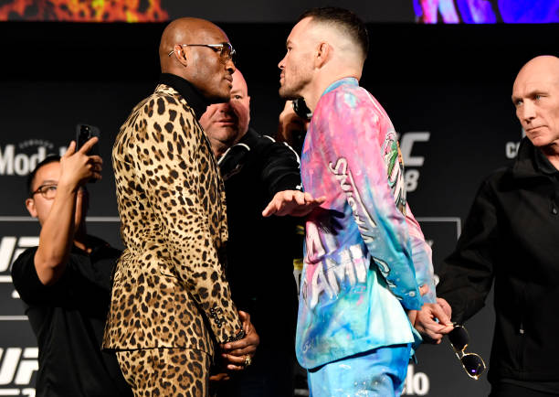 Opponents Kamaru Usman of Nigeria and Colby Covington face off during the UFC 268 press conference at The Hulu Theater at Madison Square Garden on...