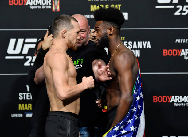Opponents Petr Yan of Russia and Aljamain Sterling face off during the UFC 259 weigh-in at UFC APEX on March 05, 2021 in Las Vegas, Nevada.