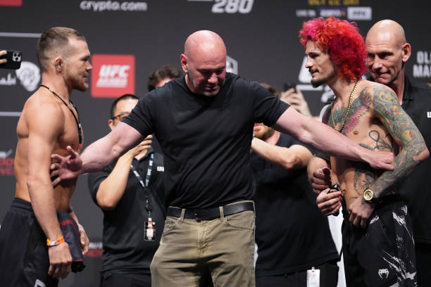 Opponents Petr Yan of Russia and Sean O'Malley face off during the UFC 280 ceremonial weigh-in at Etihad Arena on October 21, 2022 in Abu Dhabi,...