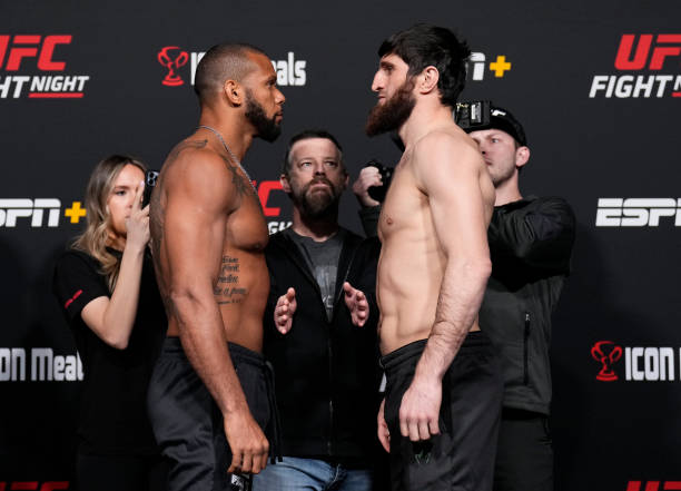 Opponents Thiago Santos of Brazil and Magomed Ankalaev of Russia face off during the UFC Fight Night weigh-in at UFC APEX on March 11, 2022 in Las...