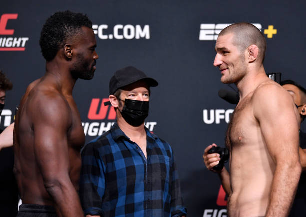 Opponents Uriah Hall of Jamaica and Sean Strickland face off during the UFC Fight Night weigh-in at UFC APEX on July 30, 2021 in Las Vegas, Nevada.