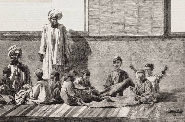Orphans being taught to sew in front of the Rev Wade's bungalow, Srinagar, famine in Kashmir, India, illustration from the magazine The Graphic,...