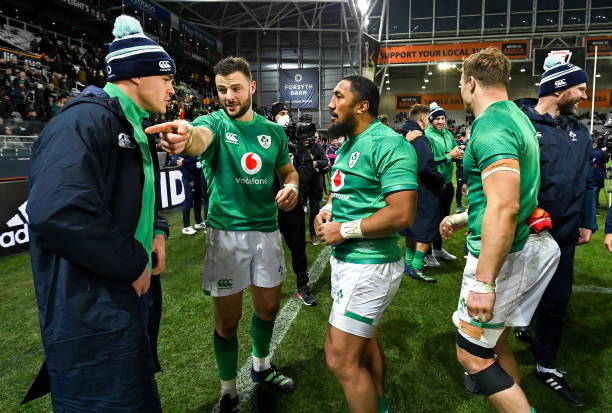 Otago , New Zealand - 9 July 2022; Ireland players, from left, Garry Ringrose, Robbie Henshaw and Bundee Aki celebrate victory after the Steinlager Series match between the New Zealand and Ireland at the Forsyth Barr Stadium in Dunedin, New Zealand. (Photo By Brendan Moran/Sportsfile via Getty Images)