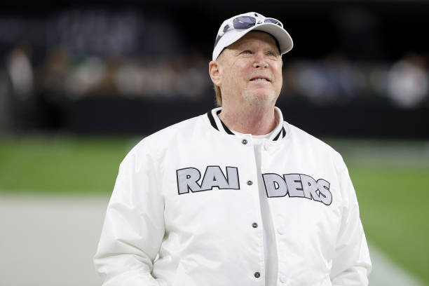 Owner and managing general partner Mark Davis of the Las Vegas Raiders stands on the team's sideline before a game against the Philadelphia Eagles at...