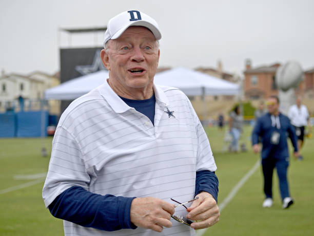 Owner Jerry Jones of the Dallas Cowboys welcomes fans to training camp at River Ridge Complex on July 24, 2021 in Oxnard, California.