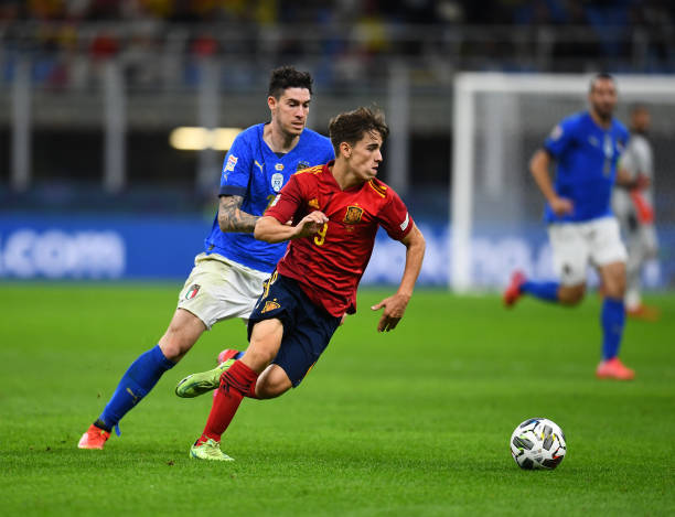 Pablo Martín Páez Gavira, Gavi, of Spain in action during the UEFA Nations League 2021 Semi-final match between Italy and Spain at Giuseppe Meazza...