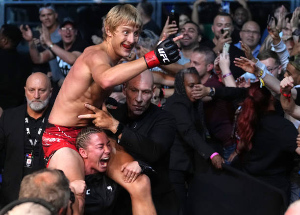 Paddy Pimblett of England celebrates after his victory over Jordan Leavitt in a lightweight fight during the UFC Fight Night event at O2 Arena on...