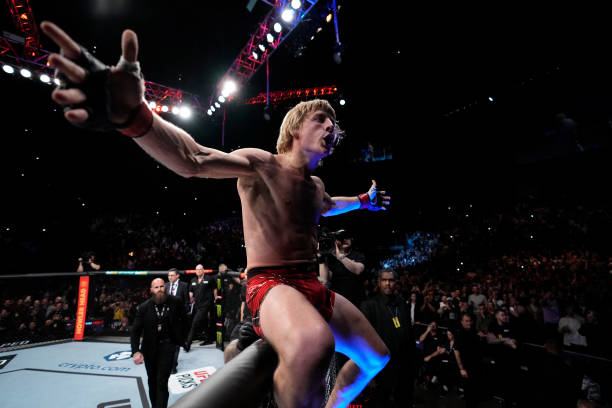 Paddy Pimblett of England celebrates his submission victory over Kazula Vargas of Mexico in a lightweight fight during the UFC Fight Night event at...
