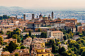 Panoramic veiw on Upper old city (Citta Alta) in Bergamo with historic buildings.