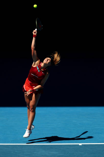 Paula Badosa of Spain serves in her fourth round singles match against Madison Keys of United States during day seven of the 2022 Australian Open at...