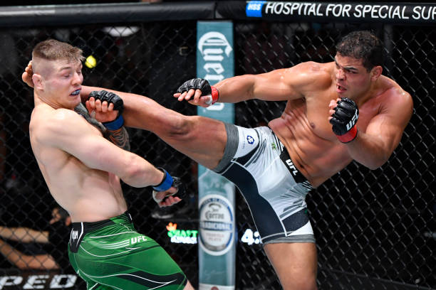 Paulo Costa of Brazil kicks Marvin Vettori of Italy in a light heavyweight fight during the UFC Fight Night event at UFC APEX on October 23, 2021 in...