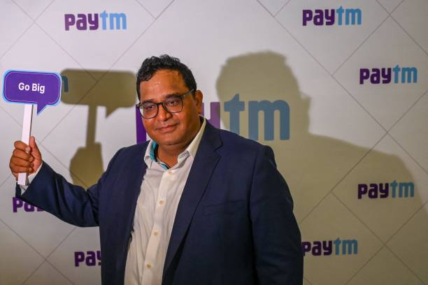 Paytm, an Indian cellphone-based digital payment platform, founder Vijay Shekhar Sharma poses during his company's IPO listing ceremony at the Bombay...