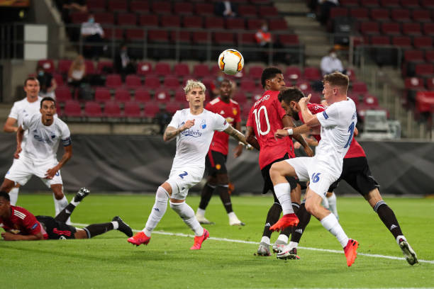 PBruno Fernandes of Manchester United battles with Pep Biel of FC Copenhagen during the UEFA Europa League Quarter Final between Manchester United...