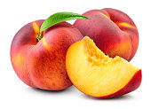 Peach isolate. Peach with slice on white background. Full depth of field. With clipping path.