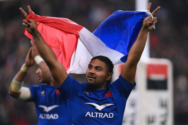 PARIS, FRANCE - NOVEMBER 20: Peato Mauvaka of France celebrates victory at the end of the Autumn Nations Series match between France and New Zealand at the Stade de France on November 20, 2021 in Paris, France. (Photo by Mike Hewitt/Getty Images)