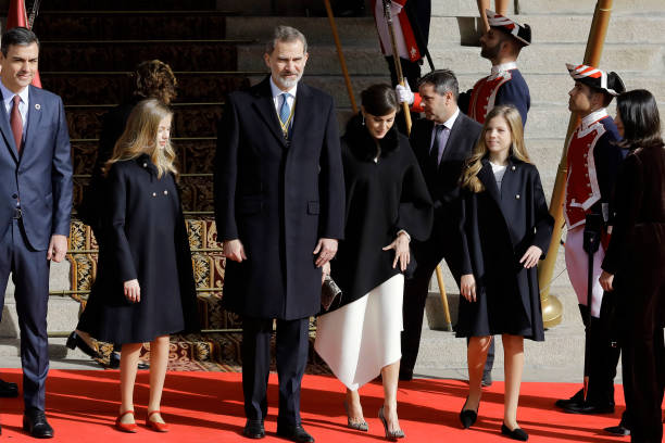 Pedro Sanchez Princess Leonor of Spain King Felipe of Spain Queen Letizia of Spain Princess Leonor of Spain and Pilar Llop attend the solemn opening...
