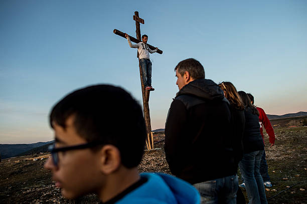 People perform the crucifixion during a rehearsal of the reenactment of Christ's suffering on March 24, 2016 in Hiendelaencina, Spain. Since 1972,...