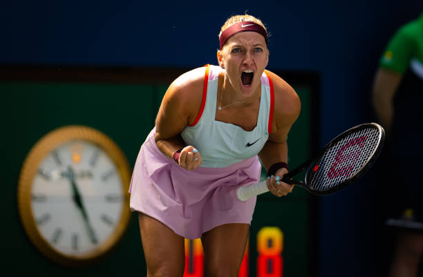 Petra Kvitova of the Czech Republic celebrates winning a point against Garbine Muguruza of Spain during her third round match on Day 6 of the US Open...