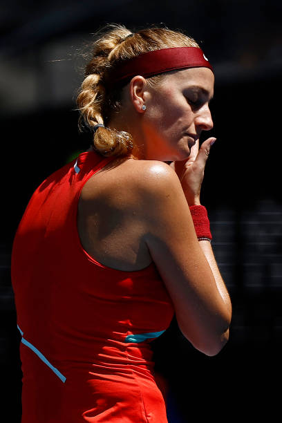 Petra Kvitova of the Czech Republic reacts in her first round singles match against Sorana Cirstea of Romania during day two of the 2022 Australian...