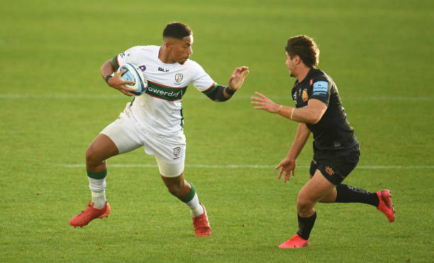 EXETER, ENGLAND - SEPTEMBER 30: Phil Cokanasiga of London Irish is tackled by Facundo Cordero of Exeter Chiefs during the Gallagher Premiership Rugby match between Exeter Chiefs and London Irish at Sandy Park on September 30, 2020 in Exeter, England. Sporting stadiums around the UK remain under strict restrictions due to the Coronavirus Pandemic as Government social distancing laws prohibit fans inside venues resulting in games being played behind closed doors. (Photo by Harry Trump/Getty Images)