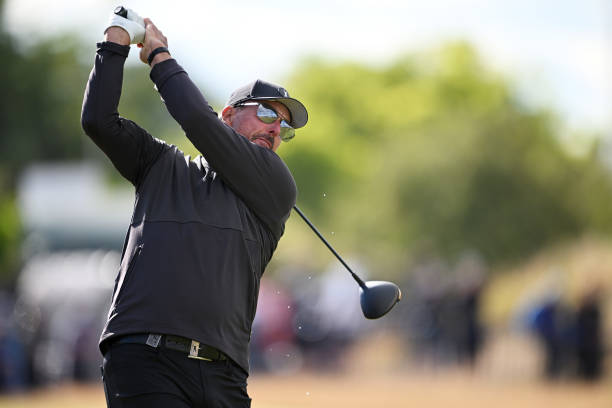 Phil Mickelson of the United States plays his shot from the 18th tee during Day Two of The 150th Open at St Andrews Old Course on July 15, 2022 in St...