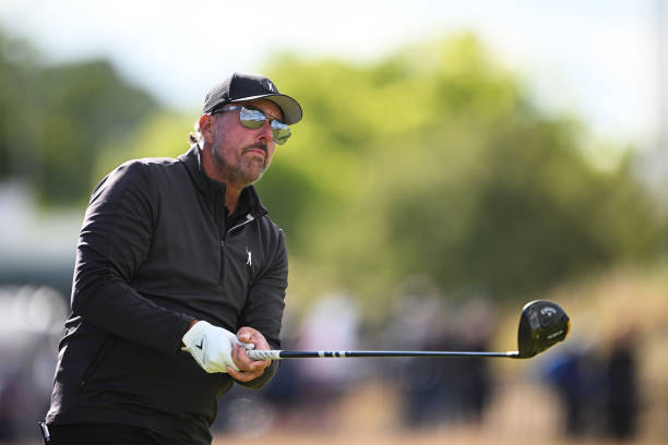 Phil Mickelson of the United States tees off on the 18th hole during Day Two of The 150th Open at St Andrews Old Course on July 15, 2022 in St...