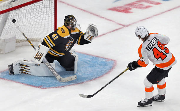 Philadelphia Flyers' Joel Farabee beats Bruins goalie Jaroslav Halak with the first goal in the shootout, eventually giving the Flyers a 3-2 win. The...